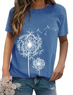 WIEIYM Damen T-Shirt Sommer Kurzarm Pusteblume Tee Shirt Tunika Löwenzahn Druck T Shirt Casual Rundhals Frauen Teenager Mädchen Bluse Oberteile Tops (Hellblau, L von WIEIYM