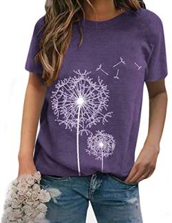 WIEIYM Damen T-Shirt Sommer Kurzarm Pusteblume Tee Shirt Tunika Löwenzahn Druck T Shirt Casual Rundhals Frauen Teenager Mädchen Bluse Oberteile Tops (Lila, L von WIEIYM