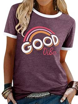 WIEIYM Damen Tshirt mit Good Vibes Aufdruck Rundhals Kurzarm Sommer T-Shirts Casual Sport Frauen Top(Burgundy, M) von WIEIYM