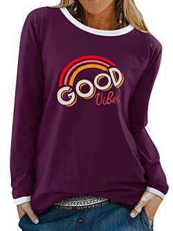 WIEIYM Good Vibes Tshirt Damen Langarm Rundhals Langarmshirt Herbst Longsleeve Shirt Frauen Casual Regenbogen Aufdruck Oberteile Tops (Fuchsie, XXL) von WIEIYM