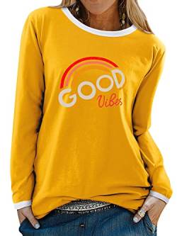 WIEIYM Good Vibes Tshirt Damen Langarm Rundhals Langarmshirt Herbst Longsleeve Shirt Frauen Casual Regenbogen Aufdruck Oberteile Tops (Gelb, XXL) von WIEIYM