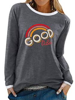 WIEIYM Good Vibes Tshirt Damen Langarm Rundhals Langarmshirt Herbst Longsleeve Shirt Frauen Casual Regenbogen Aufdruck Oberteile Tops (Grau, XXL) von WIEIYM