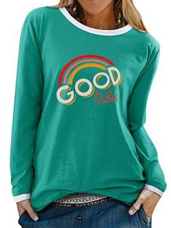 WIEIYM Langarmshirts für Damen Good Vibes Tshirt Rundhals Langarm Oberteil Tops Regenbogen Aufdruck Herbst Casual Blusetops (Grün, L) von WIEIYM