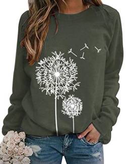 WIEIYM Langarmshirts für Damen Rundhals Oberteile Elegant Pusteblume Gedrucktes Sweatshirt Bequem Pullover Bluse Tunika Top(dunkelgrün, M von WIEIYM