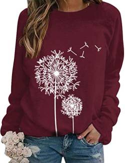 WIEIYM Pullover Damen Löwenzahn Drucken Oberteile Elegant Rundhals Langarmshirts Basic Sweatshirt Bluse Tops(Wein rot, XL von WIEIYM