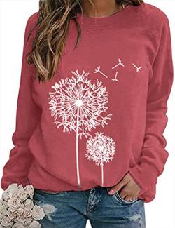 WIEIYM Sweatshirt für Damen Rundhals Langarmshirts für Frauen Beiläufig Pusteblume Gedrucktes Pullover Freizeit Blusen Oberteile(rosa, L von WIEIYM