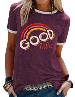 WIEIYM T Shirt Damen Good Vibes T-Shirt Kurzarm Rundhals Sommer Baumwollmischung Tshirt Tops(Lila,L) von WIEIYM