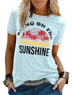 WIEIYM T-Shirt für Damen Rundhals Kurzarm Mädchen Bring On The Sunshine Lässig T-Shirt Briefdruck Tee Shirt Tops für Zuhause, Schule, Arbeit, Reisen (Himmelblau, XXL) von WIEIYM