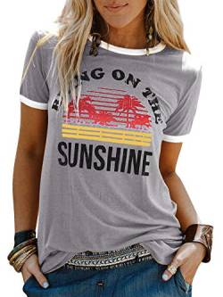 WIEIYM Tshirt Damen mit Aufdruck Bring On The Sunshine T-Shirts für Frauen Sommer Freizeit T-Shirt Brief gedruckt Tops Mädchen Bluse T-Shirt Kurzarm Vintage T-Shirt (Grau, L) von WIEIYM