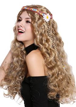 WIG ME UP - 91298-ZA7 Perücke Damen Herren Karneval Halloween Blumenkind Hippie 60er 70er lang Hell Braun wellig Mittelscheitel Stirnband Blume von WIG ME UP