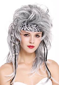 WIG ME UP - 91530 Perücke mit Stirnband Damen Herren wild Urmensch Steinzeit 80er Jahre Rock Star Grau Schwarz Mix von WIG ME UP