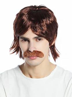 WIG ME UP - CW-016-P33 Perücke Karneval Fasching Herren 70er Jahre Proll Cop Vokuhila Schnauzbart braun von WIG ME UP