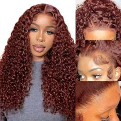 WIGTOOPE Reddish Brown Water Wave Lace Front Wigs Human Hair Auburn 13x4 HD Transparent Lace Frontal Wig for Women 180% Density Copper Red Glueless Curly Wig Pre Plucked 24 Inch von WIGTOOPE