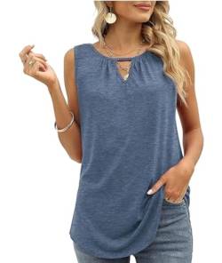 WIHOLL Tank Top Damen Ärmellose Top Damen Rundhals Ausschnitt Schlüsselloch V Ausschnitt Oberteile Damen Elegant Bluse Damen Tunika Frühling Sommer 2024 Graublau XL von WIHOLL