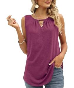 WIHOLL Tank Top Damen Ärmellose Top Damen Rundhals Ausschnitt Schlüsselloch V Ausschnitt Oberteile Damen Elegant Bluse Damen Tunika Frühling Sommer 2024 Violett L von WIHOLL