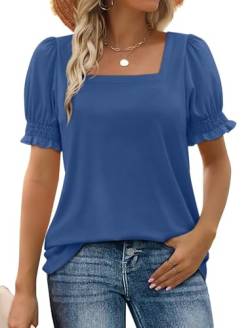 WIHOLL Tops Damen Sommer Tshirt Quadratischer Ausschnitt Bluse Rüsche Kurzarm Tunika Blusen Oberteile Dunkelblau L von WIHOLL