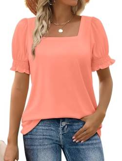 WIHOLL Tops Damen Sommer Tshirt Quadratischer Ausschnitt Bluse Rüsche Kurzarm Tunika Blusen Oberteile Koralle XL von WIHOLL