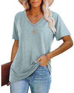 WIHOLL Tshirt Damen Kurzarm T Shirt V Ausschnitt Tops Oversize Oberteile Elegant 2024 Blau L von WIHOLL