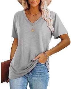 WIHOLL Tshirt Damen Kurzarm T Shirt V Ausschnitt Tops Oversize Oberteile Elegant 2024 Grau L von WIHOLL