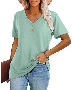 WIHOLL Tshirt Damen Kurzarm T Shirt V Ausschnitt Tops Oversize Oberteile Elegant 2024 Grün L von WIHOLL