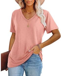 WIHOLL Tshirt Damen Kurzarm T Shirt V Ausschnitt Tops Oversize Oberteile Elegant 2024 Rosa L von WIHOLL