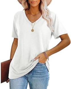 WIHOLL Tshirt Damen Kurzarm T Shirt V Ausschnitt Tops Oversize Oberteile Elegant 2024 Weiß L von WIHOLL