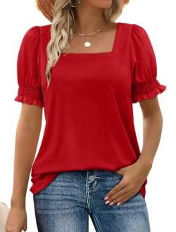 WIHOLL Tshirt Damen Sommer Tops Quadratischer Ausschnitt Bluse Rüsche Kurzarm Tunika Blusen Oberteile Rot XL von WIHOLL