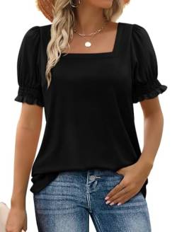 WIHOLL Tshirt Damen Sommer Tops Quadratischer Ausschnitt Bluse Rüsche Kurzarm Tunika Blusen Oberteile Schwarz L von WIHOLL