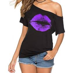 Damen Casual Sexy Off Shoulder Tops Lippen Print T Shirts 80er 90er Neon Outfit Kurzarm Oversized Party Kostüme, Lips-hot Purple, Klein von WILDPARTY