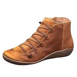 WILLBEST Schuhspitze Stiefel Runde Retro Flache Damen Lässige Schnürstiefel Seitlicher Reißverschluss Damenstiefel Biker Herren 49 (Brown-1, 41) von WILLBEST