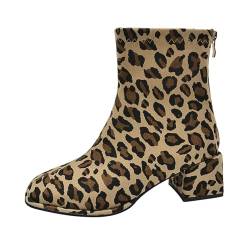 WILLBEST Winter Leopardenmuster Denim Rückseite Reißverschluss Dicker Absatz Kurze Stiefel Kinder Mädchen 36 (2-Brown, 40) von WILLBEST