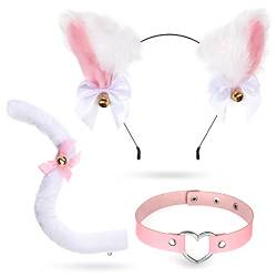 3 Stück Katzenohren Fuchs Haarband Set, enthält Katzenohren Stirnband, Herz Choker und Katzenschwanz mit Glocken, für Frauen Mädchen Halloween Cosplay Kostüm Anime Verkleidung (Weiß, Rosa) von WILLBOND