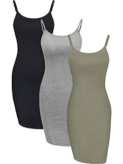 WILLBOND 3 Stück Basic Cami Damen Langes Tank-Top-Kleid mit Trägern, einfarbig, Schwarz, Grau, Armeegrün, Klein von WILLBOND