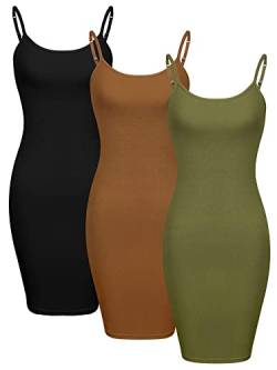 WILLBOND 3 Stück Basic Cami Frauen Lange Tanks Kleid mit Riemen, Einfarbig, Schwarz, Schokolade, Armeegrün, Mittel von WILLBOND