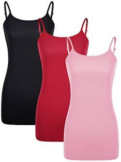 WILLBOND 3 Stück Damen Basic Lange Tanks Verstellbare Spaghettiträger Camisole Top, Schwarz, Weinrot, Rosa, X-Groß von WILLBOND