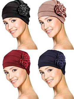 WILLBOND 4 Stücke Turban Blume Kopfwickel Mütze Schal Kappe Haar Ausfall Hut für Männer und Frauen von WILLBOND