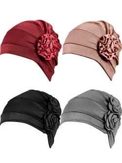 WILLBOND 4 Stücke Turban Blume Kopfwickel Mütze Schal Kappe Haarausfall Hut für Männer und Frauen (Weinrot, Khaki, Schwarz, Grau) von WILLBOND