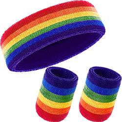 willbond 3 Stück Schweißbänder Set, inklusive Sport-Stirnband und Handgelenk Schweißbänder Baumwolle Schweiß Band für sportliche Männer und Frauen, regenbogenfarben von WILLBOND
