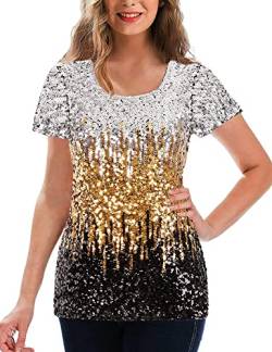 Damen Pailletten Kurzärmeliges T-Shirt Glitzer Oberteile Sparkle Party Tshirt Damen Sequin Tunika Top (M, Gelb) von WILLIAMHUA
