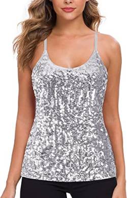 WILLIAMHUA Damen Pailletten Tops Glitzer Oberteile Sparkle Party Weste Ärmellos Tunika Weste Damen Sequin Tank Top (L, Silber) von WILLIAMHUA