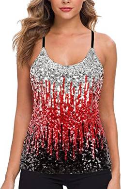 WILLIAMHUA Damen Pailletten Tops Glitzer Oberteile Sparkle Party Weste Ärmellos Tunika Weste Damen Sequin Tank Top (XL, Rot) von WILLIAMHUA