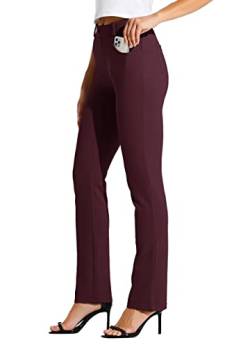 WILLIT 31" Damen Kleid Yoga-Hosen Stretch Hose gerades Bein Arbeitshose Elegante Büro Gürtelschlaufen Yogahose Freizeithose mit 4 Taschen Burgunderrot L von WILLIT