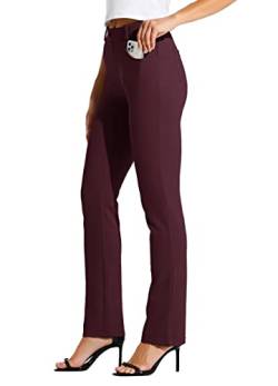 WILLIT 31" Damen Kleid Yoga-Hosen Stretch Hose gerades Bein Arbeitshose Elegante Büro Gürtelschlaufen Yogahose Freizeithose mit 4 Taschen Burgunderrot M von WILLIT