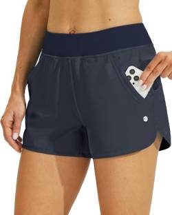 WILLIT Damen 3" Badeshorts Badehose Schwimmen Boardshorts mit Kurzliner Taschen Schnelltrockner UV Schutz Marineblau S von WILLIT