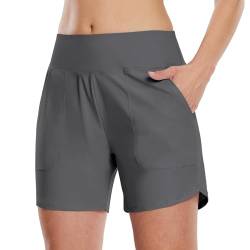 WILLIT Damen 5" Badeshorts Swim Board Shorts Schnelltrockner UPF 50+ High Waisted Tummy Control Beach Shorts mit Taschen Deep Gray S von WILLIT