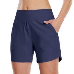 WILLIT Damen 5" Badeshorts Swim Board Shorts Schnelltrockner UPF 50+ High Waisted Tummy Control Beach Shorts mit Taschen Marineblau M von WILLIT