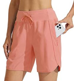 WILLIT Damen 7" Athletische Laufshorts Lange Workout-Wandershorts Running Jogging Laufhose Schnelltrockene High Waisted Aktivshorts Reißverschlusstasche Korallenrosa XL von WILLIT