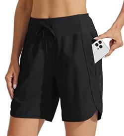 WILLIT Damen 7" Athletische Laufshorts Lange Workout-Wandershorts Running Jogging Laufhose Schnelltrockene High Waisted Aktivshorts Zippertasche Schwarz XXL von WILLIT