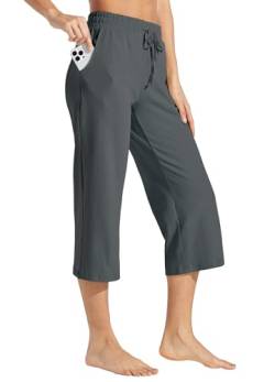 WILLIT Damen Caprihose Baumwolle Yoga Capri Casual Lounge Hose Weites Bein Workout Jogginghose mit Taschen 20" Dunkelgrau XL von WILLIT