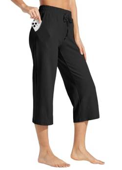 WILLIT Damen Caprihose Baumwolle Yoga Capri Casual Lounge Hose Weites Bein Workout Jogginghose mit Taschen 20" Schwarz XL von WILLIT